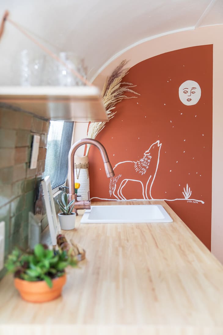 Coyote wall mural by Linda Pappa in an airstream makeover