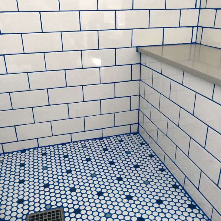 Blue grout in a shower project