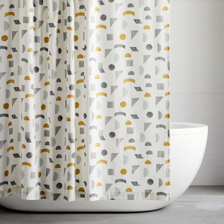 West Elm geometric shower curtain in mustard and gray