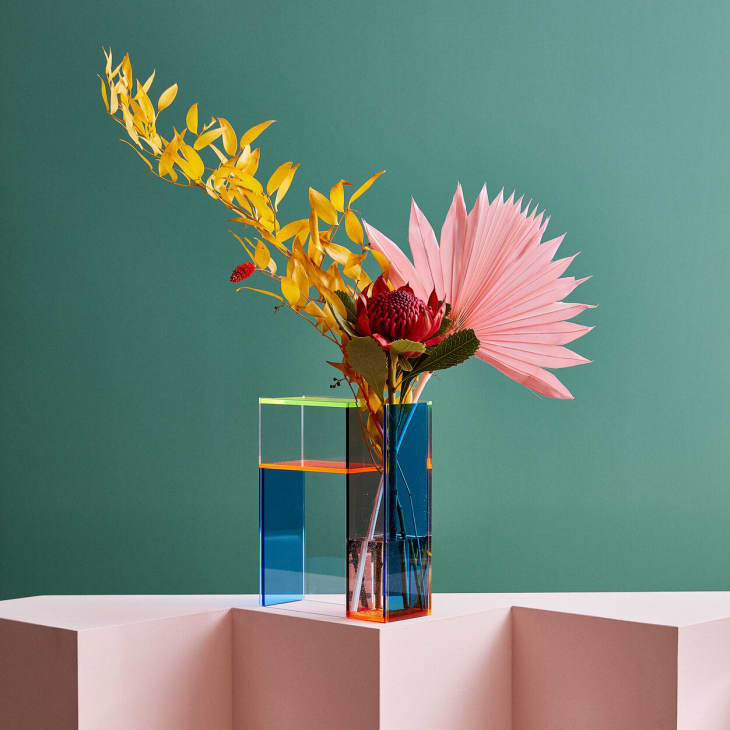 Mondrian-inspired acrylic vase in neon colors