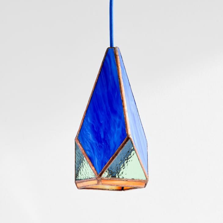 Four-sided geometric pendant lamp made of blue stained glass