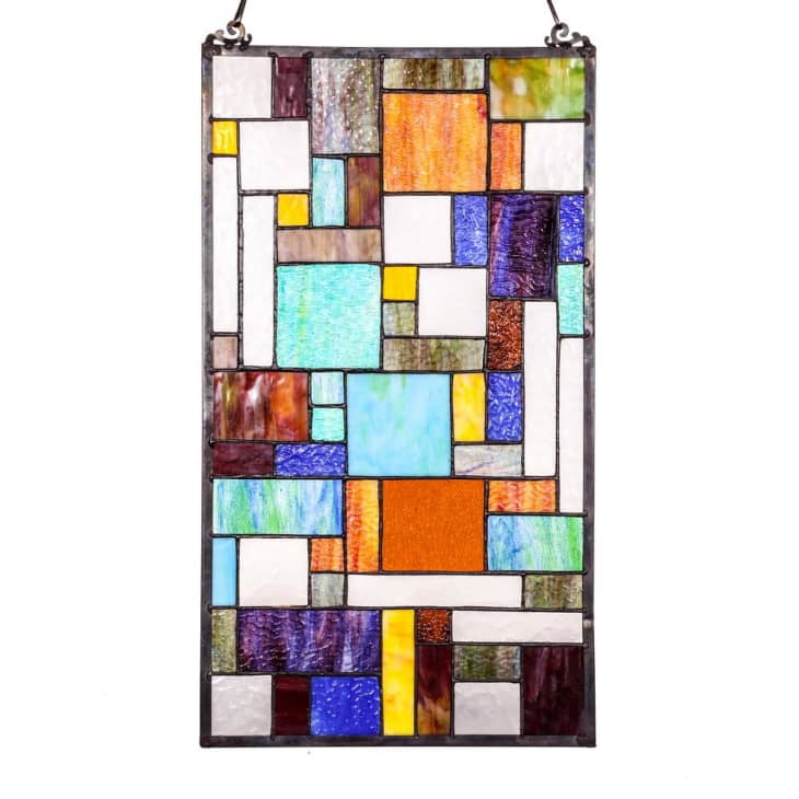 Rectangular hanging stained glass panel with shades of blue, orange, and yellow