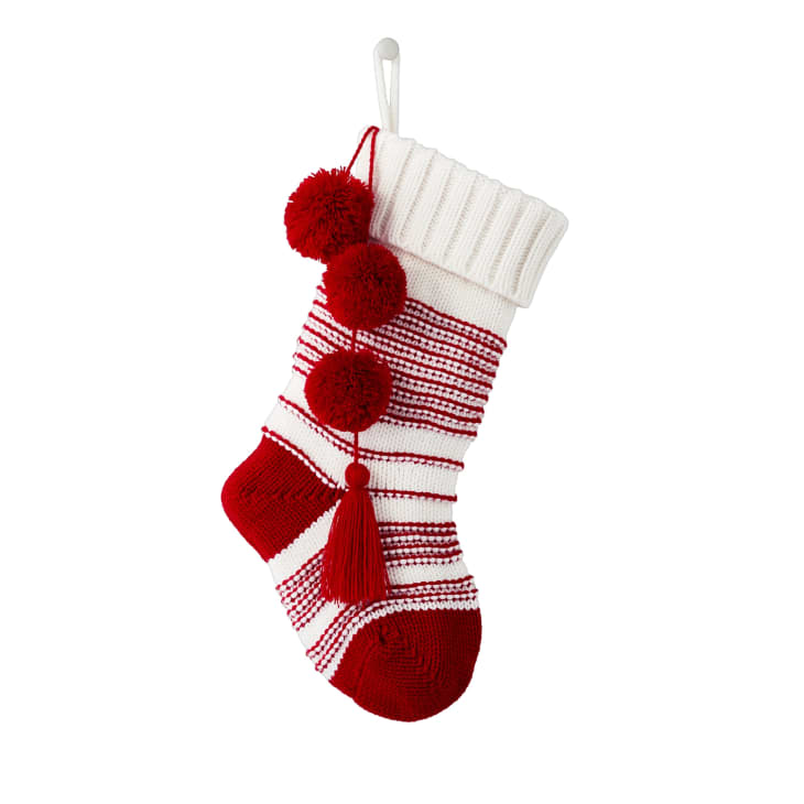 Chunky Knit Striped Holiday Stocking with Swing Tassels in red and white