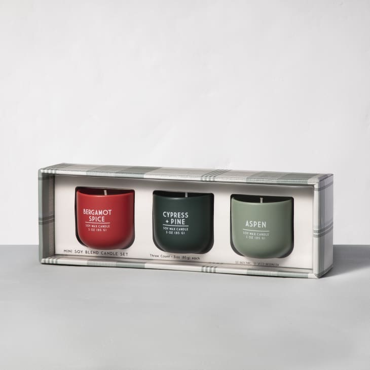 3 pack of candles in red, green, and mint from Target