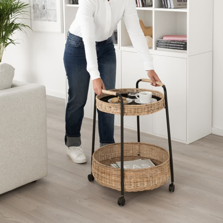 Rolling cart with rattan bins