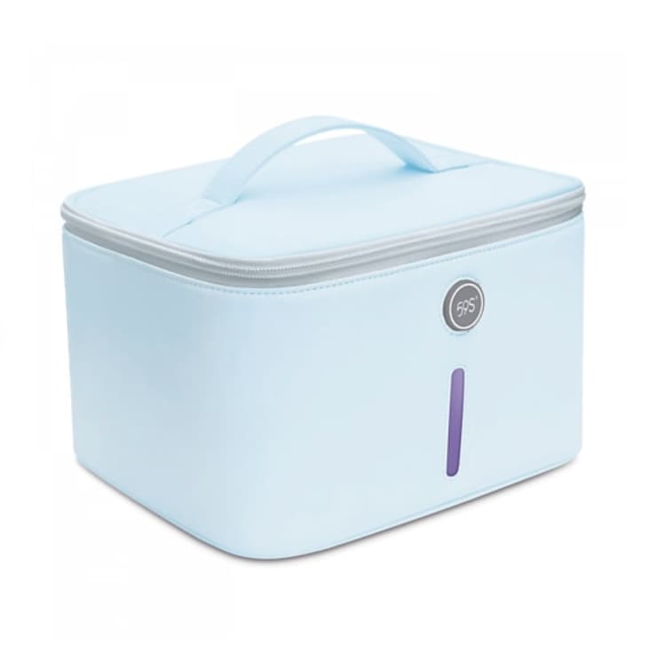 Light blue zip-top sterilizer box for sanitizing small electronics, toys, and utensils.