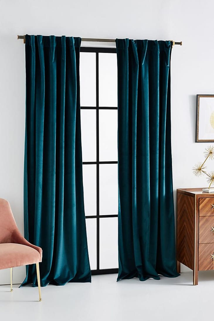 Teal velvet curtains from Anthropologie