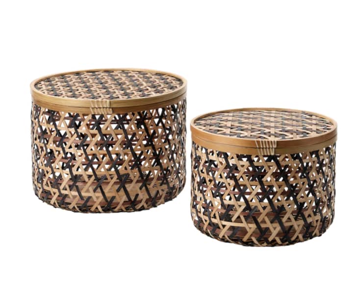 Wooden airy round boxes from IKEA in two wood tones