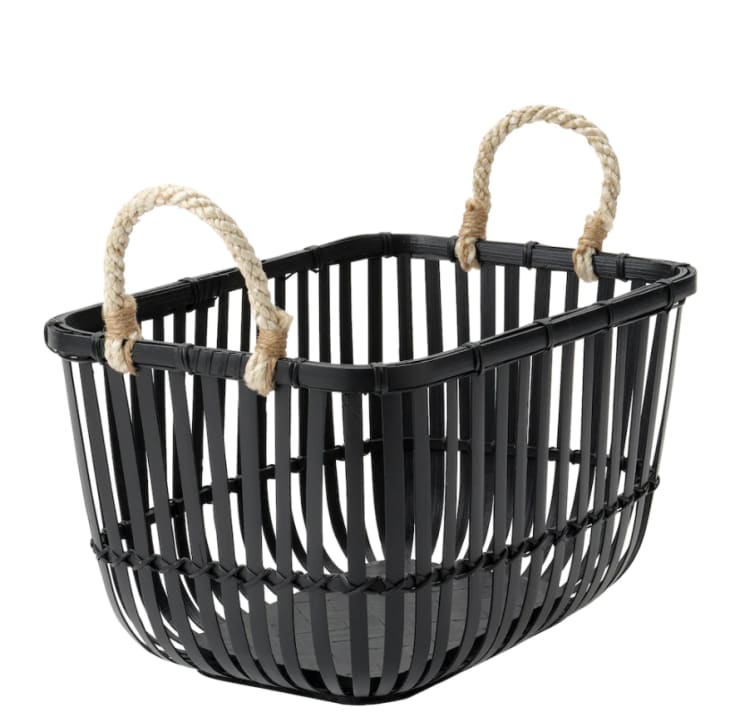 Black open metal basket with rope handles from IKEA