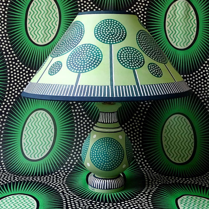 Lamp painted in Annie Sloan chalk paint with a geometric green design