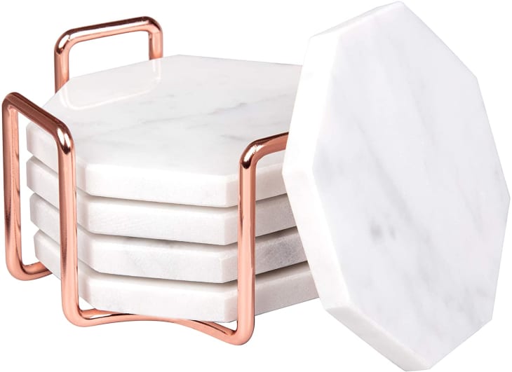 marble coasters with a rose gold holder