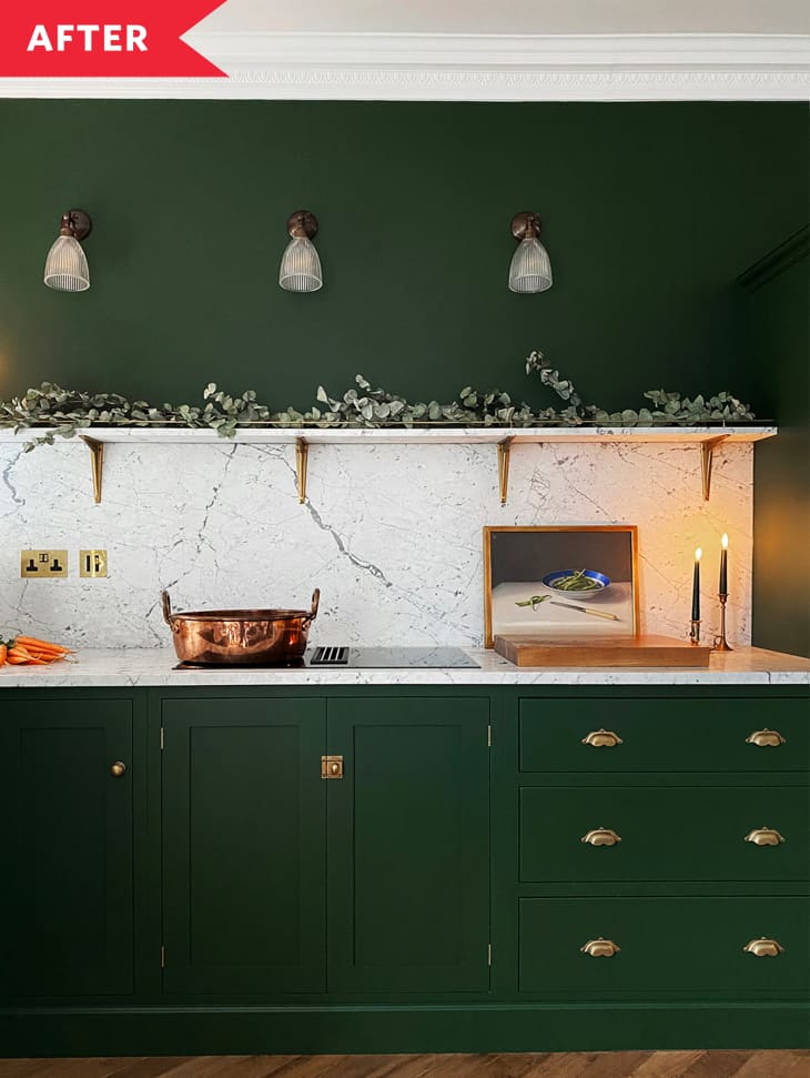 deVOL kitchen after shot depicting a small space green kitchen in a London townhouse