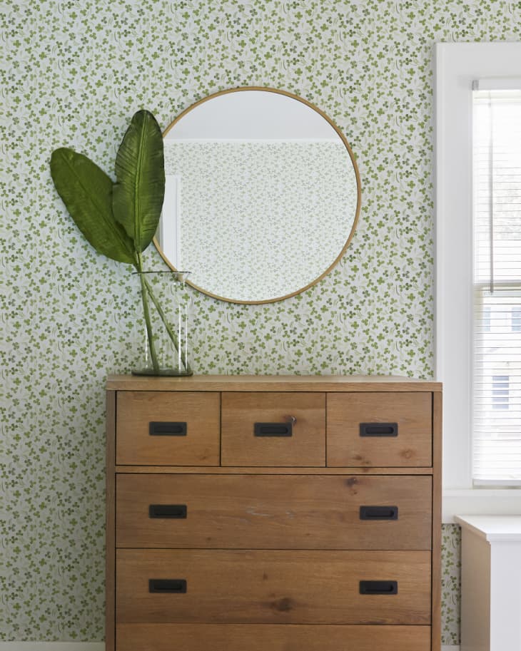 Rebecca Atwood's clover wallpaper  in a bedroom