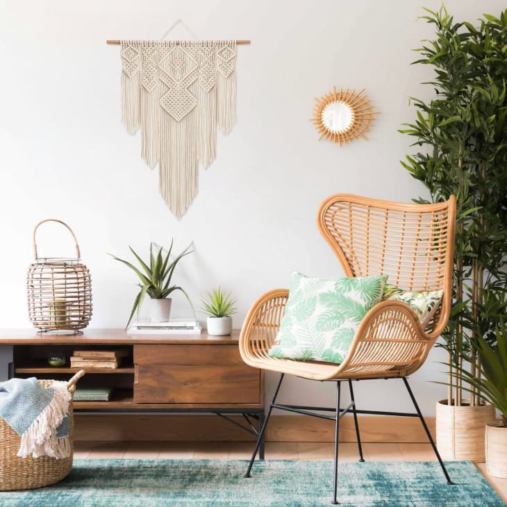 living room with macrame wall hanging