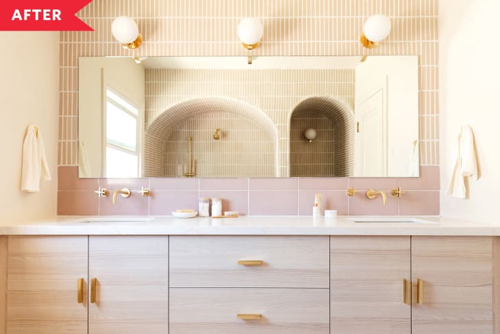1920s bathroom after being designed by Anne Sage with Fireclay Tile and BOXI Cabinetry