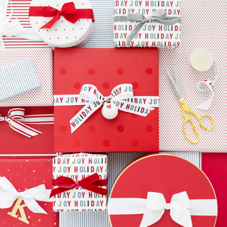 Sugar Paper for Target Holiday 2021 red and multi-colored stripe and dot wrapping paper