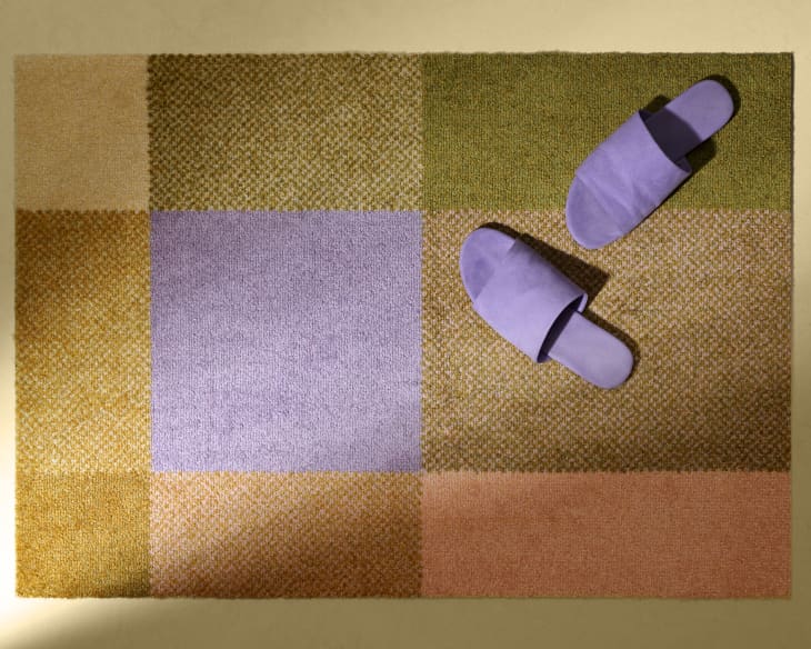 Colorblock Haymat rug with rectangles in lavender, pink, mustard, and green