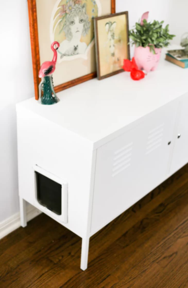 Cat litter box concealed in an IKEA PS cabinet