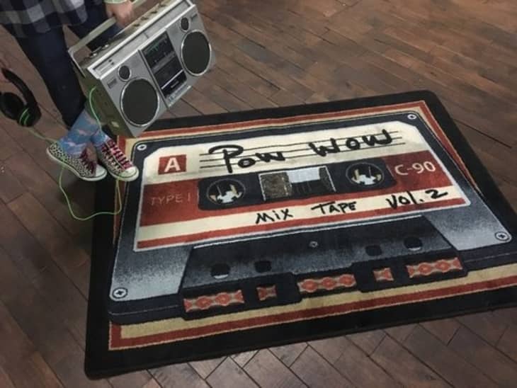 Rug shaped and designed to look like a mix tape
