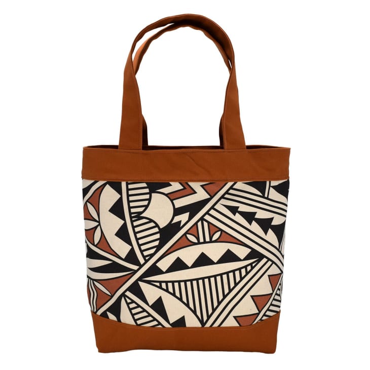 Tote bag with a brick, black, and white graphic motif