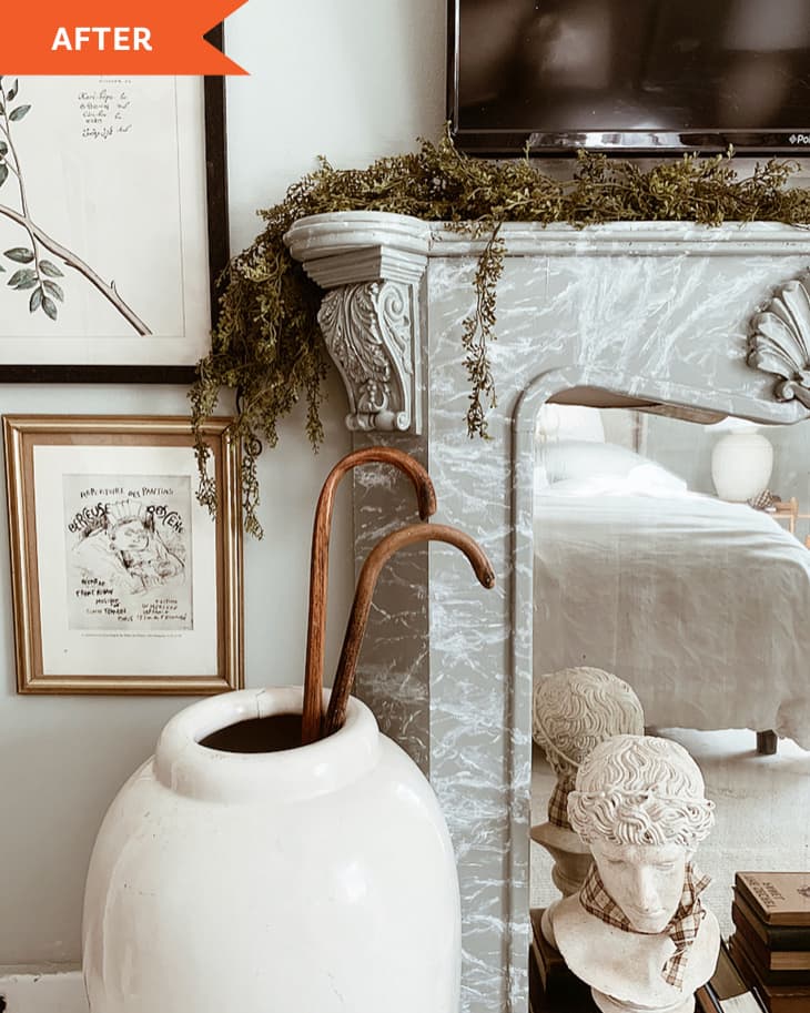 Elle Yount fireplace made out of wood in her bedroom and faux finished to look like marble