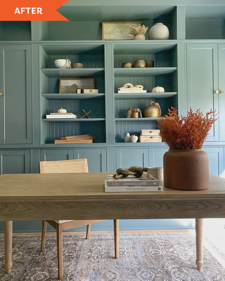 Kristin Purcell's dining room to office transformation with her IKEA hacked "library" built-in with HAVSTA product