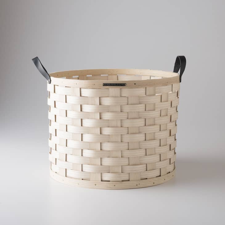 Ash wood woven basket with black handles