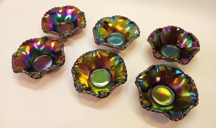 set of six amethyst carnival glass bowls