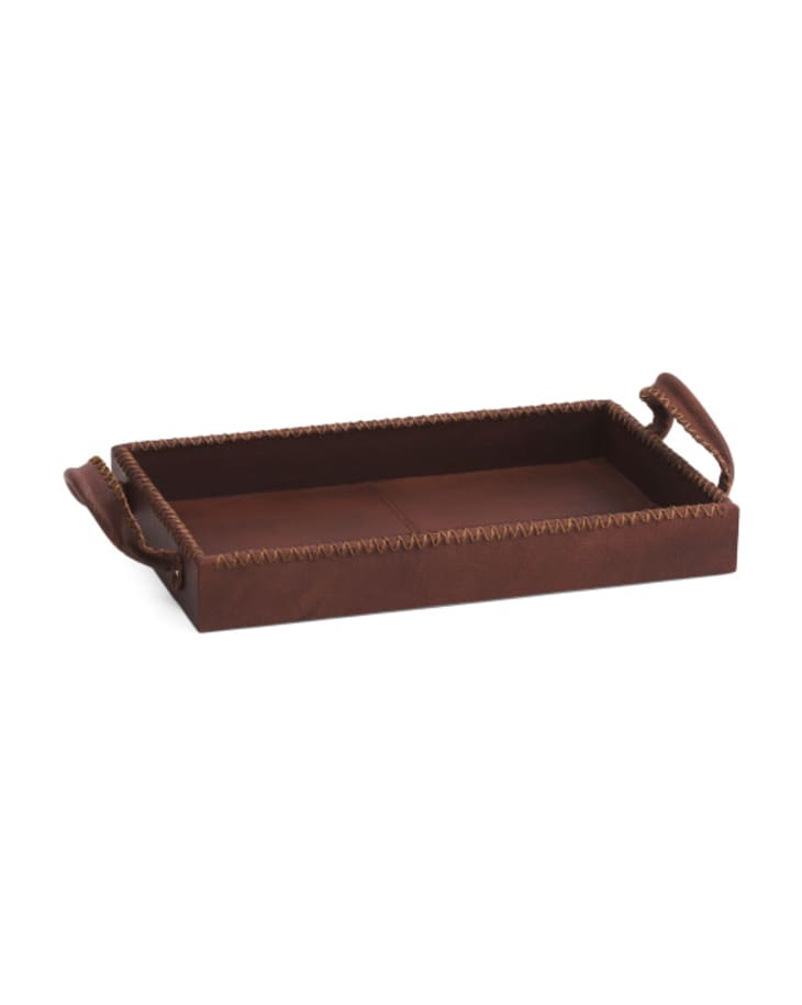 Rectangular brown leather tray with brown leather handles