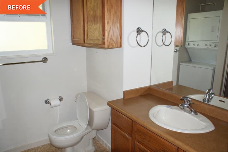 bathroom with wooden cabinets