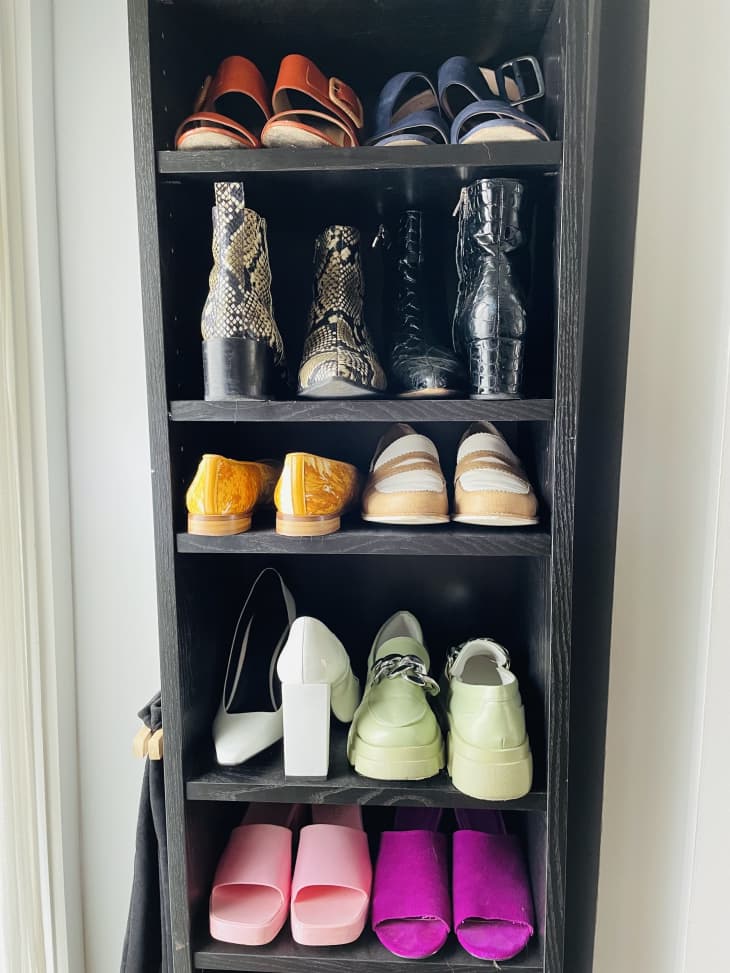 Close up of IKEA BILLY bookcase used for shoes