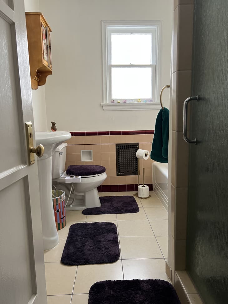 Alyse Whitney's LA bathroom with various Nestwell purple carpets scattered around it