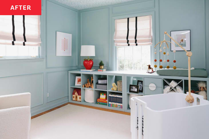 Katherine Thewlis's nursery after with blue walls and  white furnishings