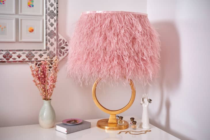 Lampshade covered in pink ostrich feathers
