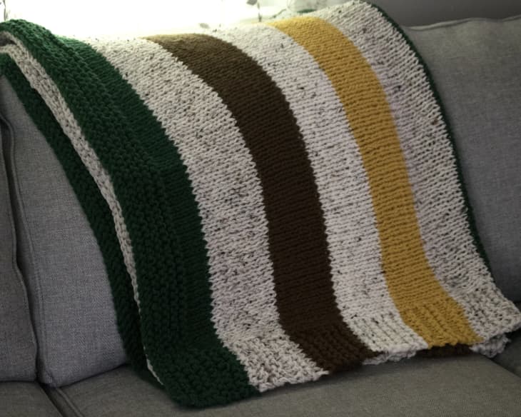 Product Image: Hand Knit Afghan in Tweed, Yellow, Brown, and Green Stripes