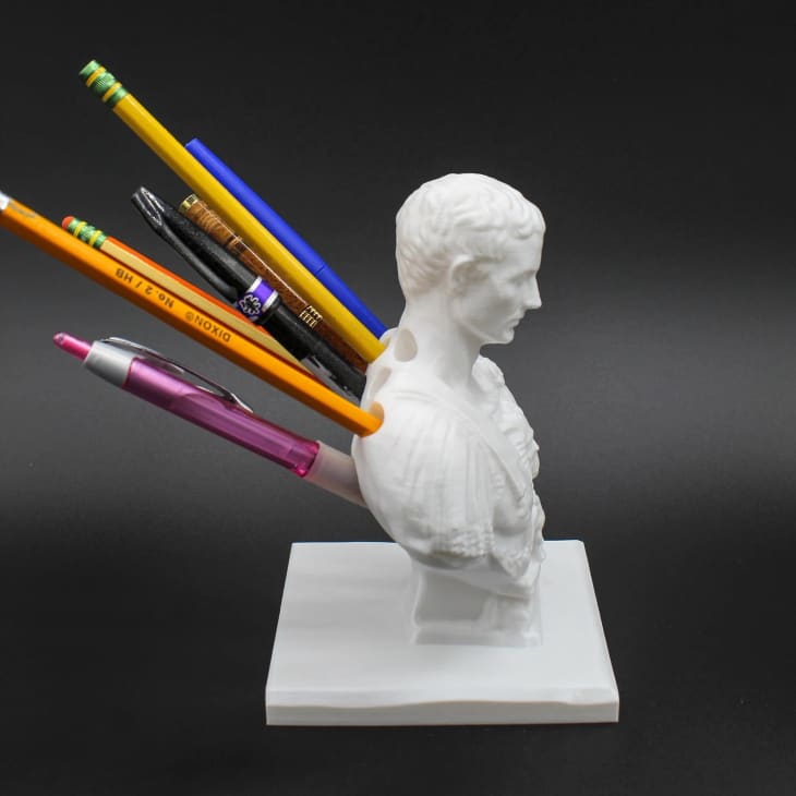 A bust of Julius Caesar with pens and pencils stabbing him in the back