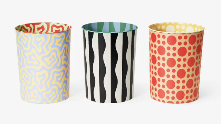 Trio of colorful patterned trash cans from Dusen Dusen for Areaware
