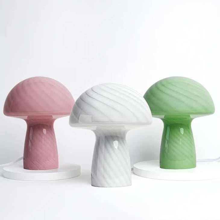 Pastel pink and mint green and white lamps that are shaped like mushrooms