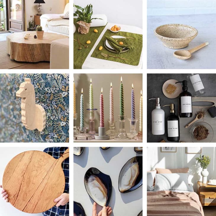 Composite image of products from Etsy makers curated by Martha Stewart: wood table, green table linens, ceramics, candles, wooden charcuterie board, bed linens