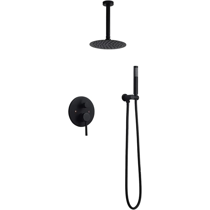 Homary Contemporary Matte Black 10" Ceiling Mounted Round Rainfall Shower with Hand Shower Wall Mount Shower Combo Set with Rough-in Pressure Balanced Valve and Trims, Solid Brass