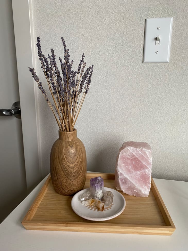 Ikea Ostbit tray on desk decorated with dried lavender and crystals.