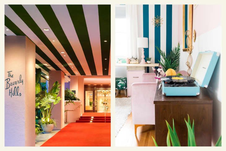 2 photos side by side, one the inspiration, one the home inspired by it. Left side: entrance to the Beverly Hills Hotel. Striped ceiling, light pink columns, door with gold accents. Right side: Room inspired by the Beverly Hills Hotel. Dark teal and white striped wall, gold framed mirror and other accents, pale pink sofa and lamp, light blue record player, small dog on sofa