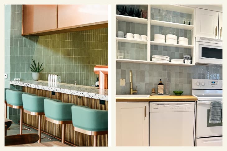 2 photos side by side. Left: the inspiration, and Right: the room inspired by it. Left: Bar area in The Salted Pig restaurant. Green vertical tiles, terazzo bar, green barstools. Right: Kitchen with blue vertical tiles, white cabinets and appliances, wood countertop