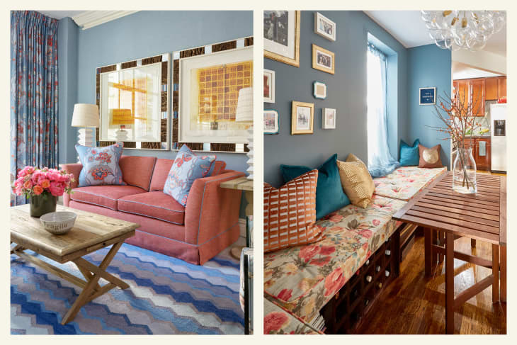 2 photos side by side. Left: the inspiration. Sitting area in the Whitby Hotel with coral colored loveseat, blue wall, wood tables, floral print textiles. Right: Sitting/dining area in home with floral textile bench seat, blue wall with art behind, wood table