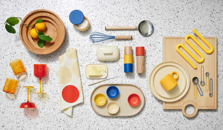 Molly Baz x Crate &amp; Barrel tools launch: Colorful kitchen tools spread out on a counter