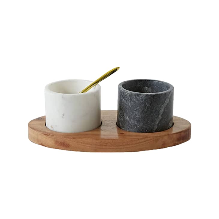 Product Image: Creative Co-Op 2 Marble Bowls on Mango Wood Base with Salt Spoon