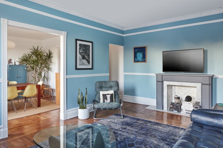 monochromatic blue living room in Brooklyn