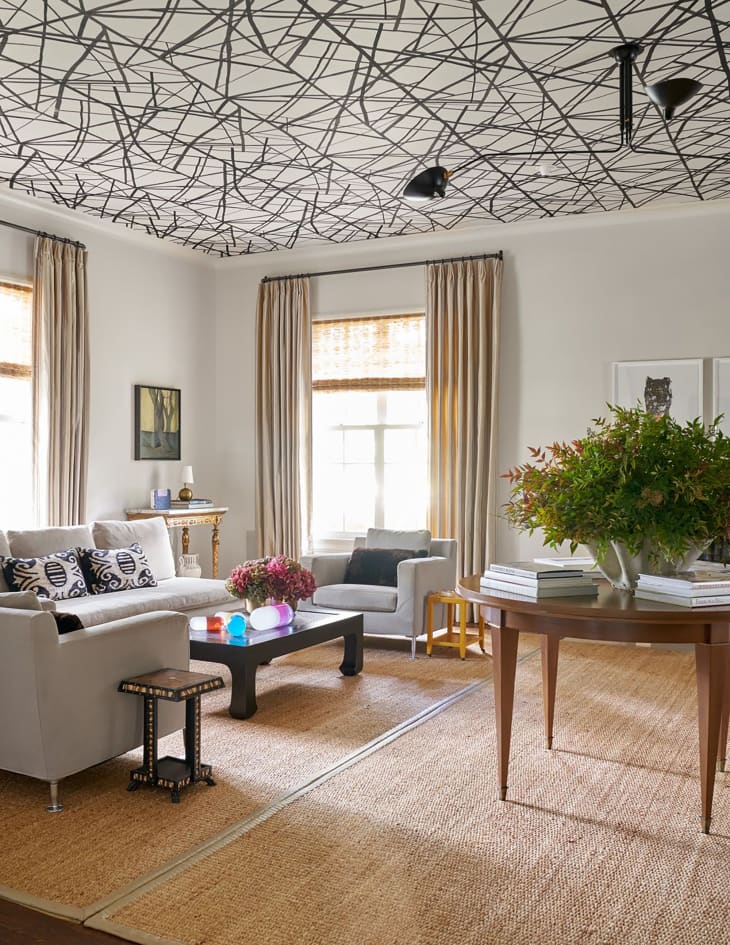 Black and white painted ceiling in neutral colored living room.