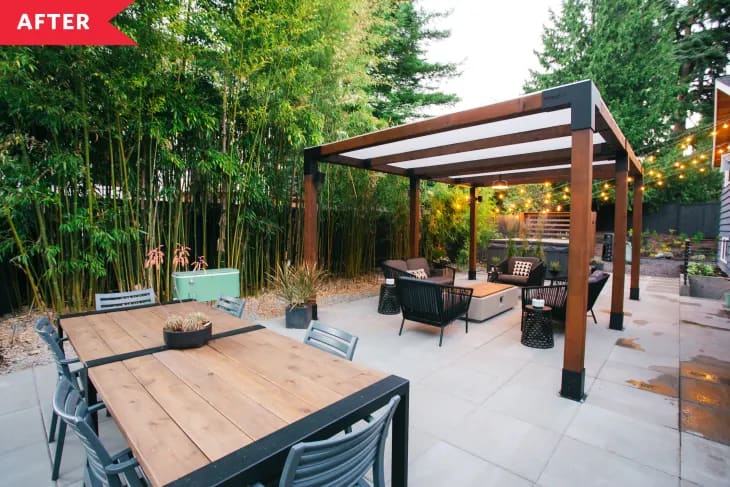 a wooden pergola with outdoor furniture underneath and an outdoor dining set to the side