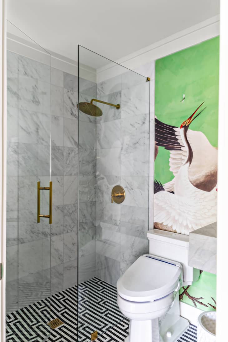 grey marble tile floor to ceiling in standing shower, glass wall of shower, glass shower door with large gold handle, black and white maze pattern floor tile, large green background mural of swan, white toilet, waterfall shower head, walk in shower
